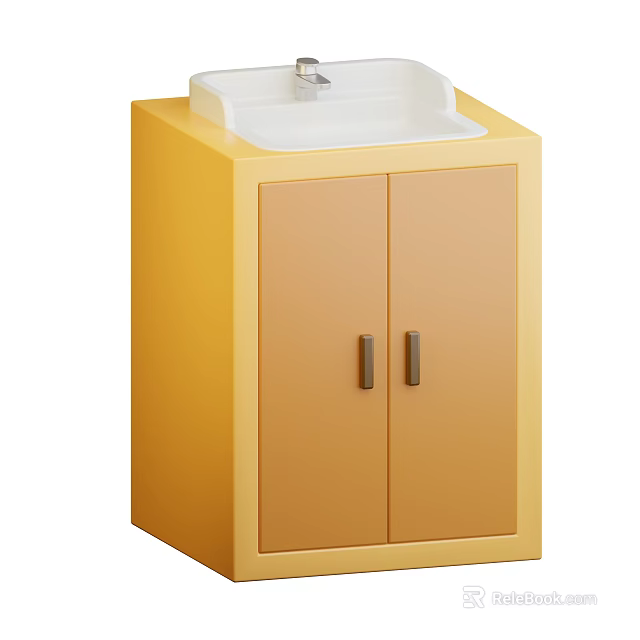 Yellow Bathroom Cabinet With Double Doors And White Sink Faucet 3d model 