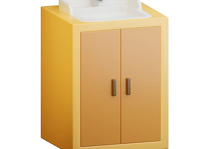 Yellow Bathroom Cabinet With Double Doors And White Sink Faucet 3d model