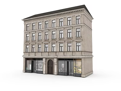 European Architecture With Multi Storey Stone Facade Arched Doorway And Ground Floor Shops 3d model