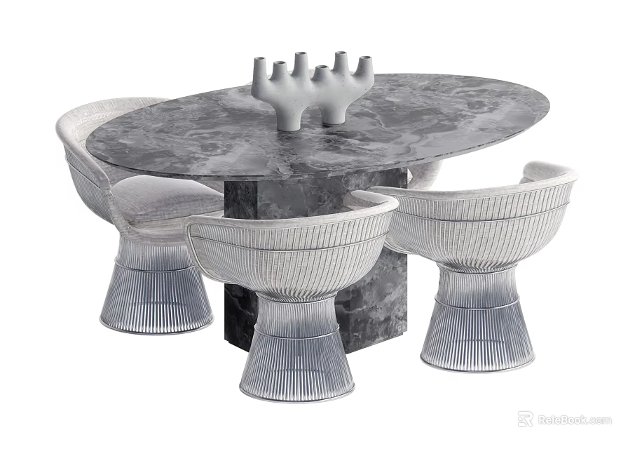Modern Oval Marble Dining Table Set With Woven Chairs And Decorative Centerpiece 3d model 