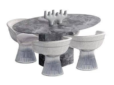 Modern Oval Marble Dining Table Set With Woven Chairs And Decorative Centerpiece 3d model