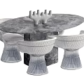 Modern Oval Marble Dining Table Set With Woven Chairs And Decorative Centerpiece