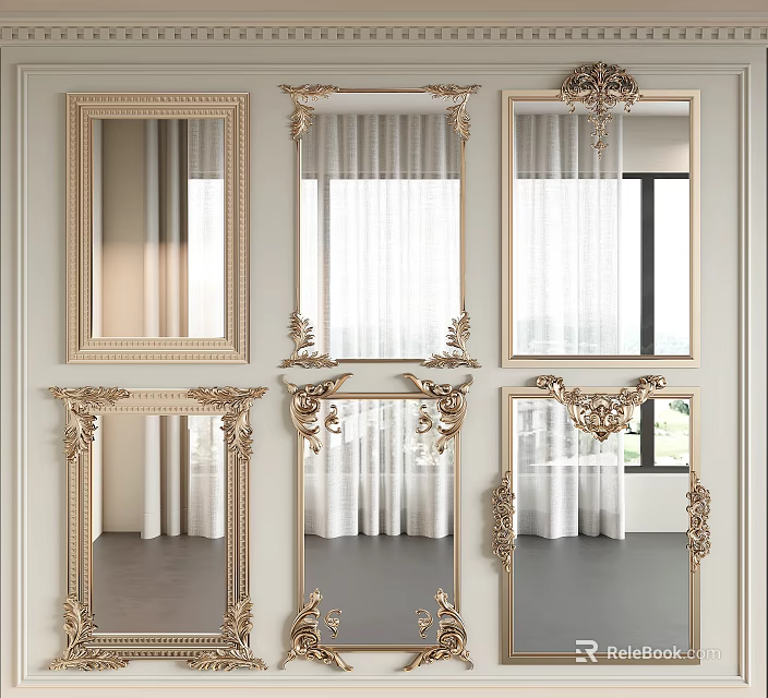 Elegant Gold Framed Mirrors with Ornate Carvings Reflecting Window Curtain Details 3d model 