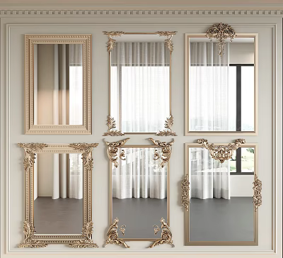 Elegant Gold Framed Mirrors with Ornate Carvings Reflecting Window Curtain Details 3d model