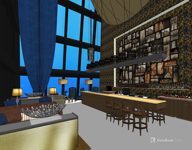 Modern Bar Interior Design with Large Windows Blue Curtains Photo Wall and Bar Counter Stools 3d model 