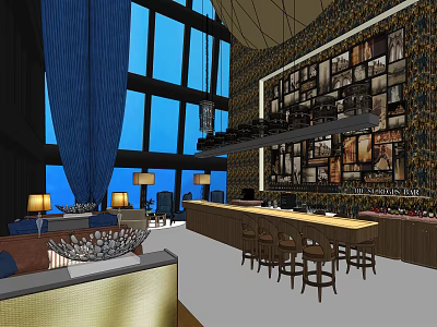Modern Bar Interior Design with Large Windows Blue Curtains Photo Wall and Bar Counter Stools 3d model