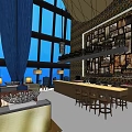 Modern Bar Interior Design with Large Windows Blue Curtains Photo Wall and Bar Counter Stools