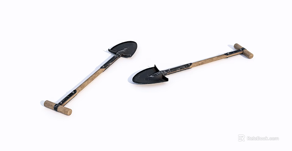 Sports Equipment Two Durable Shovels With Wooden Handles And Black Blades For Outdoor Use 3d model 
