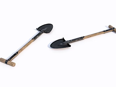 Sports Equipment Two Durable Shovels With Wooden Handles And Black Blades For Outdoor Use 3d model