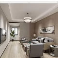Modern Hotel Public Lounge Area With Cozy Sofa Coffee Table TV And Wooden Wall