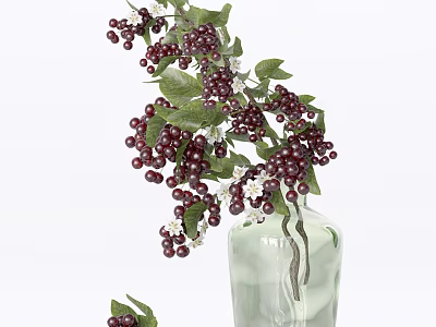 Green Glass Vase With Red Berries White Small Flowers And Hanging Decorative Branches 3d model