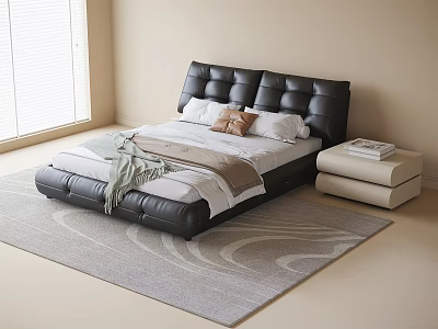 Modern Children's Bed with Black Leather Tufted Headboard White Sheets Gray Blanket and Beige Nightstand 3d model