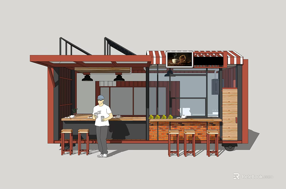 Food Truck Exterior With Red Awning Chef And Counter Stools Fruits 3d model 