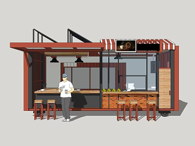 Food Truck Exterior With Red Awning Chef And Counter Stools Fruits 3d model