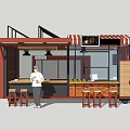 Food Truck Exterior With Red Awning Chef And Counter Stools Fruits