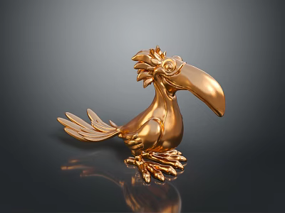 Golden Shiny Bird Sculpture With Large Beak And Artistic Design Details 3d model