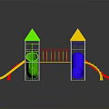 Colorful Children's Playground Structure With Multi Colored Conical Tops Slides And Climbing Elements