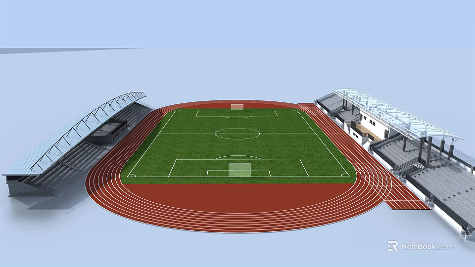 Modern Football Stadium Field With Green Grass Red Running Track And Spectator Stands 3d model 