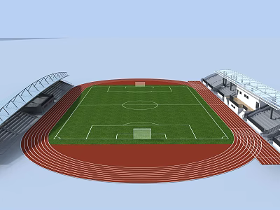 Modern Football Stadium Field With Green Grass Red Running Track And Spectator Stands 3d model