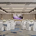 Luxurious Banquet Hall Interior With White Chairs Blue Tablecloths Floral Centerpieces And Purple Backdrop