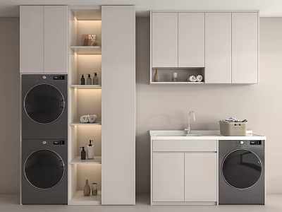 Modern White Bathroom Cabinet Rack with Washing Machine Dryer Sink Open Shelves and Storage 3d model