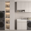 Modern White Bathroom Cabinet Rack with Washing Machine Dryer Sink Open Shelves and Storage