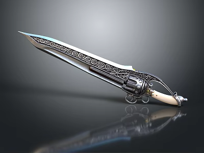 Ornate Decorative Sword Weapon With Intricate Silver Blade Carvings And White Ivory Handle 3d model