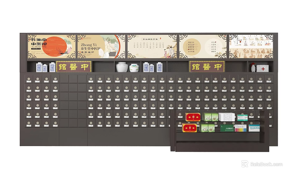 Traditional Chinese Medicine Display Cabinets and Shelves with Neatly Arranged Drawers and Herbal Medicine Bottles 3d model 