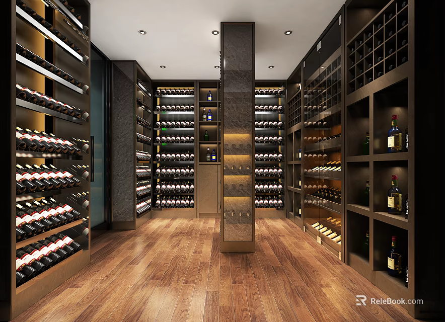 Elegant Wine Cellar Interior Design With Wooden Floors And Illuminated Wine Racks 3d model 