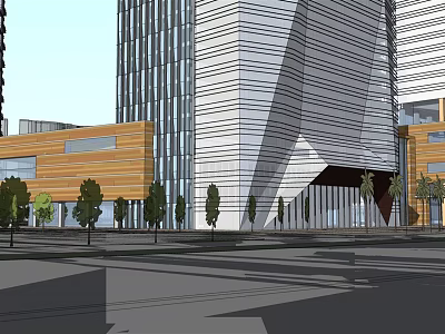 Modern Commercial Complex With High Rise Glass Curtain Wall Wooden Structure And Surrounding Trees 3d model
