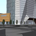 Modern Commercial Complex With High Rise Glass Curtain Wall Wooden Structure And Surrounding Trees