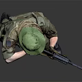 Military Themed Game Movie Character With Green Helmet Tactical Vest And Rifle