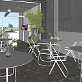 Modern Bubble Tea Shop Interior Design With Green Plant Tables Chairs And Pastry