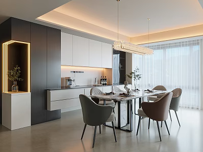 Modern Dining Room Interior Design with Dark White Cabinets Dining Table Chairs and Pendant Lights 3d model
