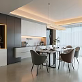 Modern Dining Room Interior Design with Dark White Cabinets Dining Table Chairs and Pendant Lights