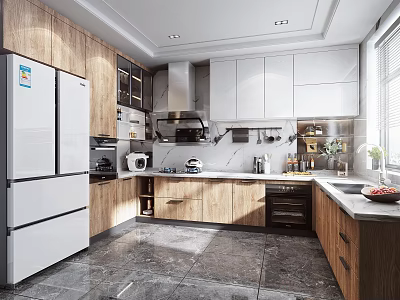 Modern Kitchen Interior With Wooden Cabinets White Wall Cabinets Marble Countertop And Appliances 3d model