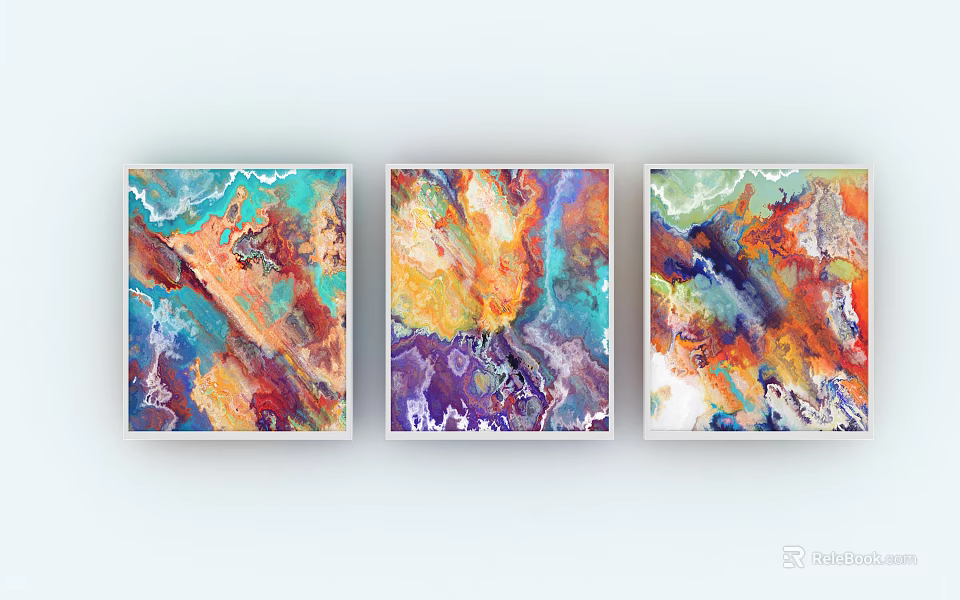 Three Abstract Oil Paintings With Vibrant Colors And White Frames 3d model 