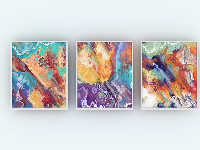 Three Abstract Oil Paintings With Vibrant Colors And White Frames 3d model