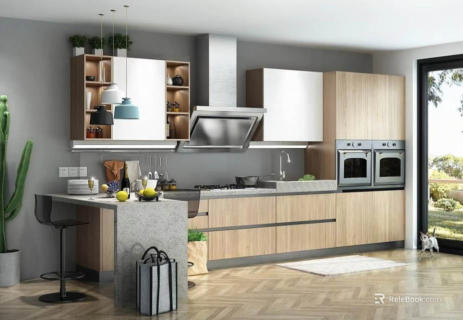 Modern Kitchen Interior With Wooden And White Cabinets Island Counter And Appliances 3d model 