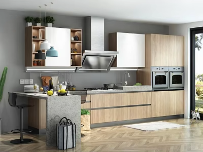 Modern Kitchen Interior With Wooden And White Cabinets Island Counter And Appliances 3d model