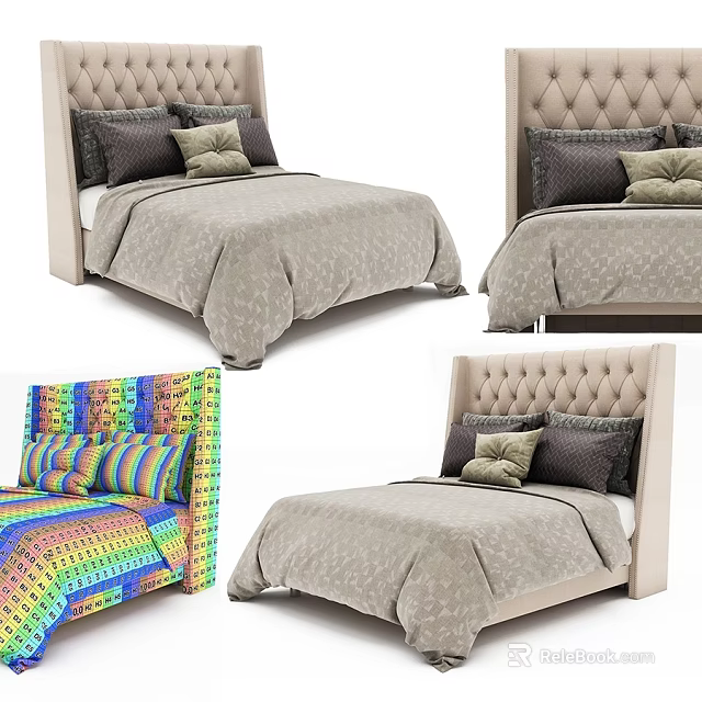 Modern Double Bed With Tufted Headboard Gray Bedspread And Colorful Pillows 3d model