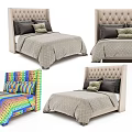 Modern Double Bed With Tufted Headboard Gray Bedspread And Colorful Pillows 3d model