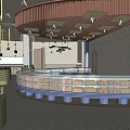 Modern Dessert Shop Interior with Glass Display Cases Fresh Pastries Wooden Curved Ceiling Hanging Lights