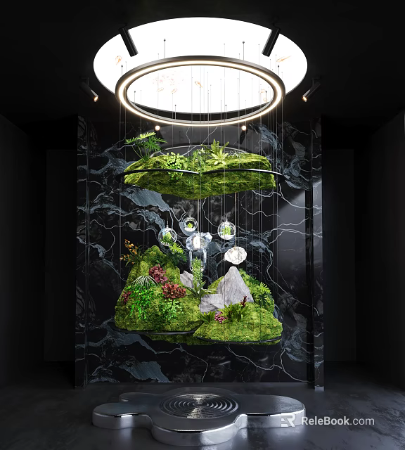 Suspended Garden Decor with Green Plants Moss Rocks and Round Chandelier Against Black Marble Background 3d model 