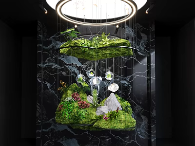 Suspended Garden Decor with Green Plants Moss Rocks and Round Chandelier Against Black Marble Background 3d model