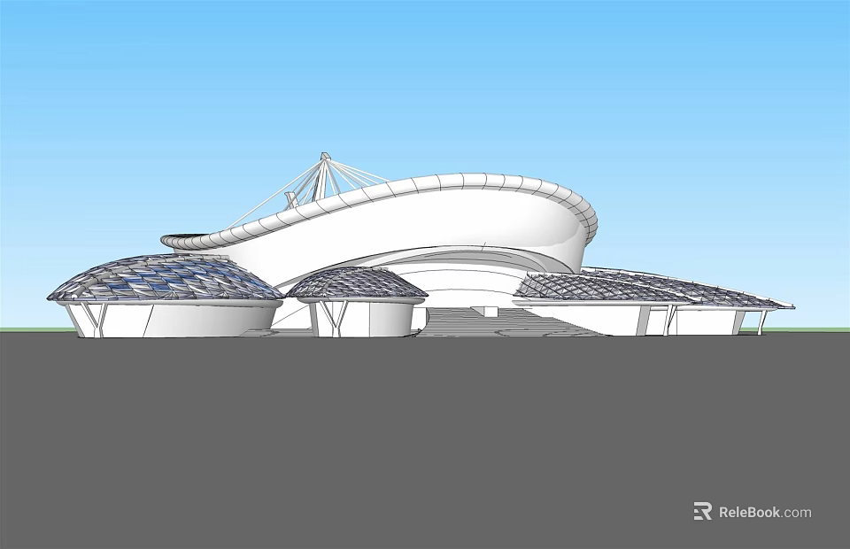 Modern Architectural Design With Unique Curved And Domed Roofs Featuring Solar Panels 3d model