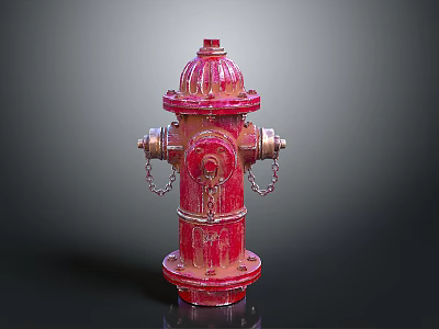 Red Fire Hydrant With Metal Chains And Distressed Red Paint Finish 3d model