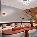 Modern Casual Lounge Area With Round Chandelier Curved Walls White Chairs And Green Plants
