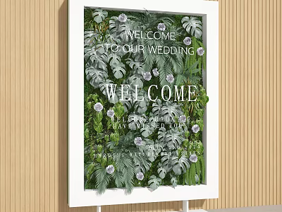 Wedding Welcome Green Plant Wall With Floral Decor And Welcome Signs 3d model