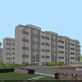 Modern Residential Building with Glass Facade Green Lawn Flower Beds and Benches Under Clear Sky